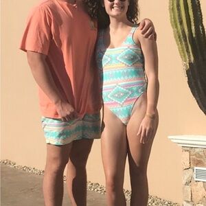 Chubbies Turquoise & Coral Aztec One-Piece Swimsuit